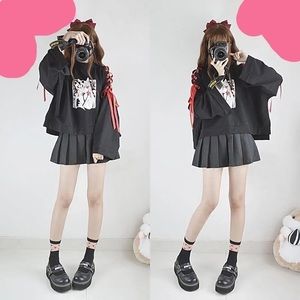 Summer Women Clothing Anime Fox Printed Cross Ribbon Harajuku Spring Black Top